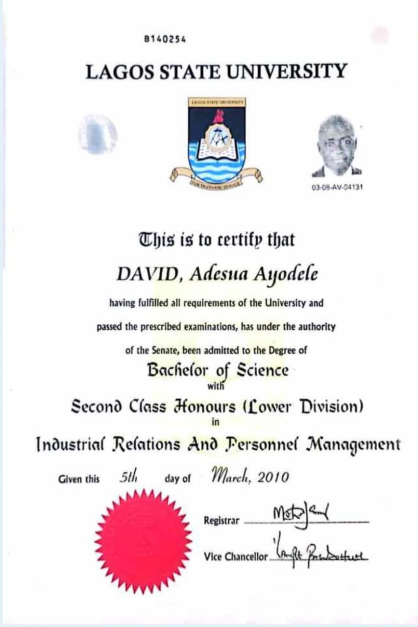 Bachelor of Science degree certificate, Lagos State University