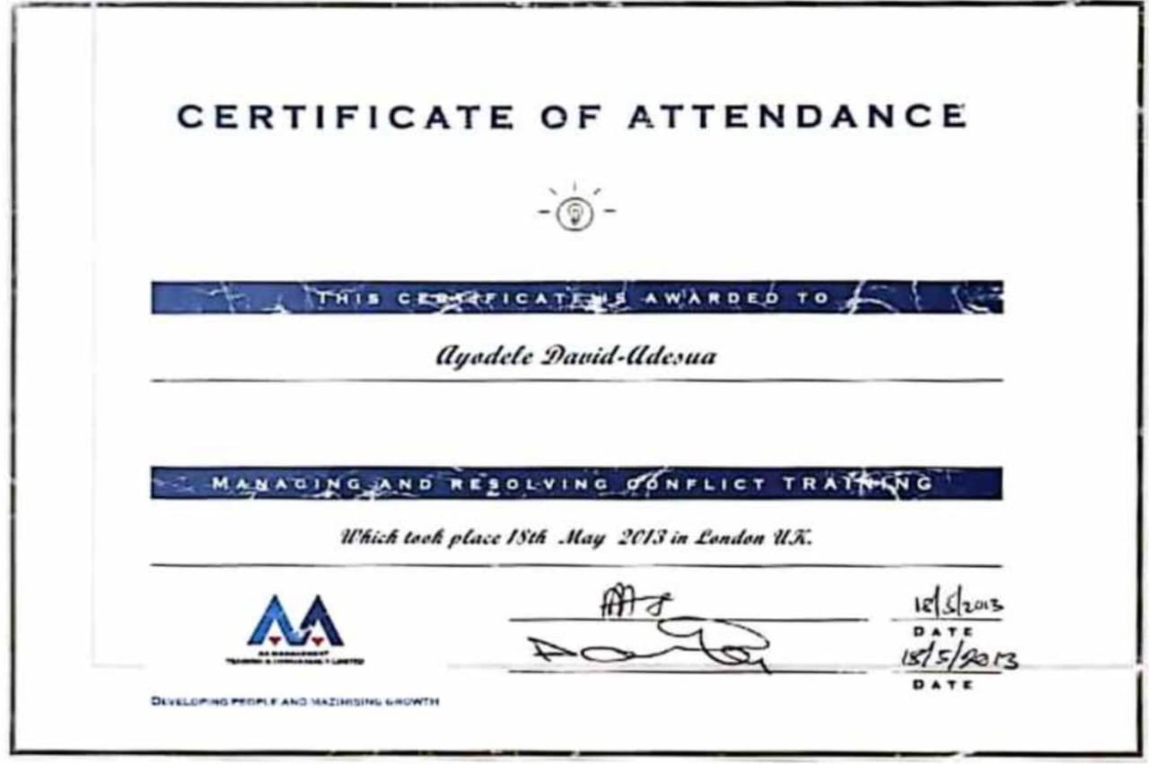 Certificate of Attendance, Managing and Resolving Conflict Training