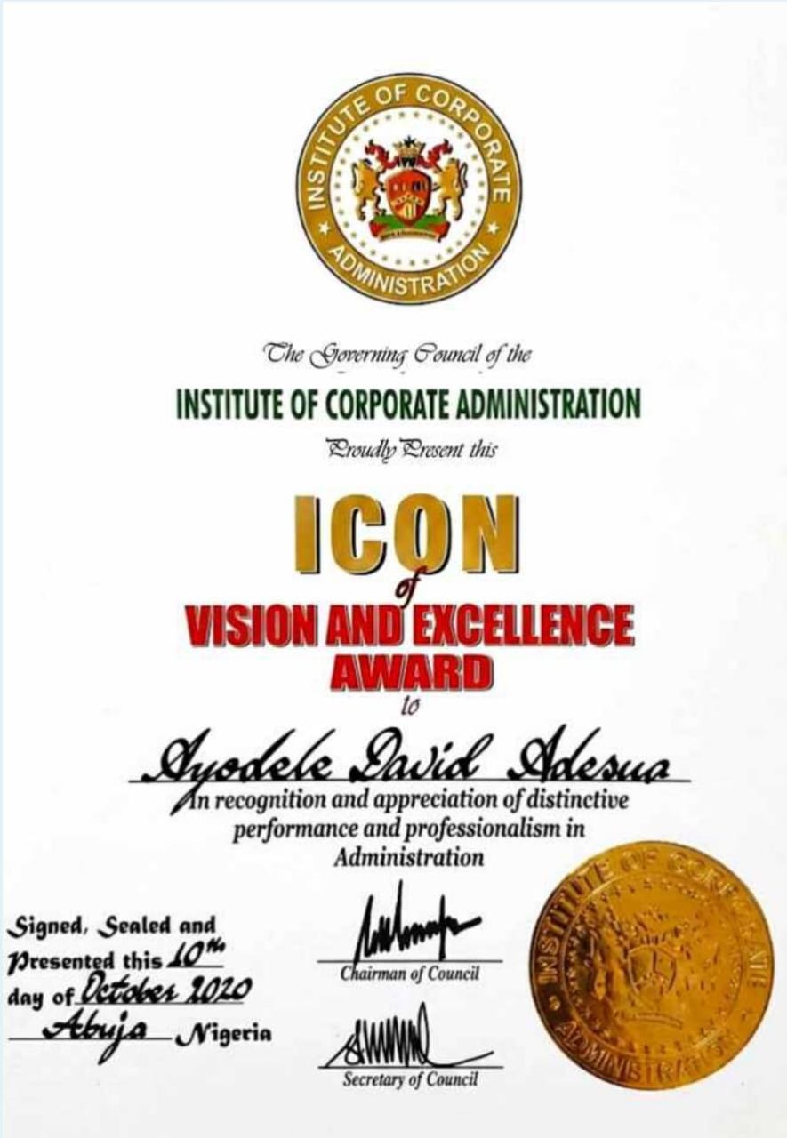 ICON of Vision and Excellence Award, Institute of Corporate Administration